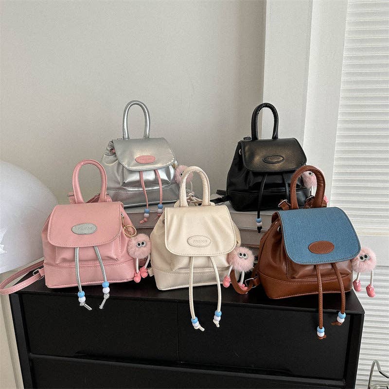 Retro Fashion Solid Color Backpack for Women Casual Travel: Brown / With Accessories