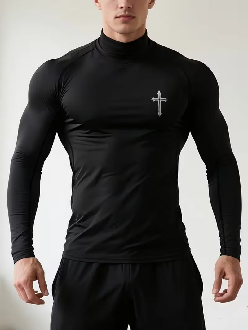 Men's Compression Training Shirt, Spider Design - High-Elasticity Moisture-Wicking Long Sleeve Top, Suitable for Gym, Running, Basketball, and Training | Breathable Stretch Fabric, Slim Fit Stand-Up Collar, Black with Cross Pattern, Gym Apparel