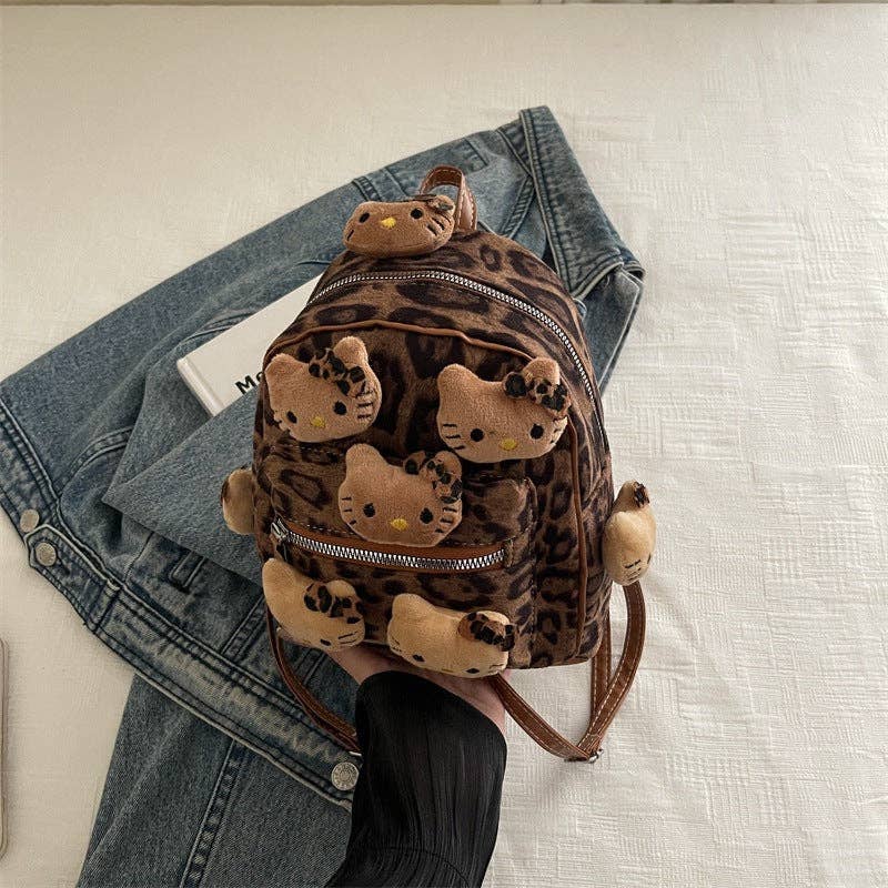 Trendy Leopard Print Plush Backpack Portable Outdoor Travel: Brown With Pendant