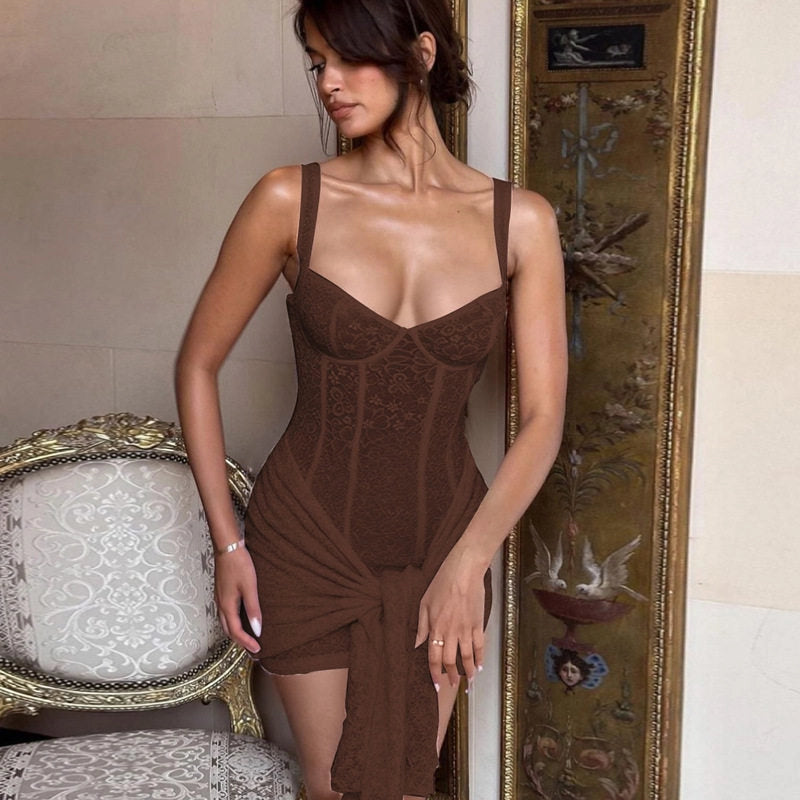 Sexy Lace V-Neck Bodycon Slit Dress with Tie Waist