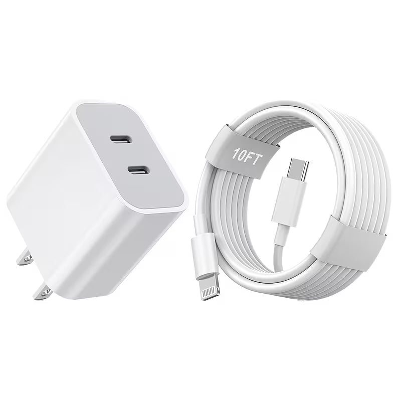 10-foot Extra-long Data Cable Fast Charger for iPhone, 20W+20W Dual Port USB C Wall Charger Plug, for iPhone Charger USB C Charge Power Adapter 10ft Type C to Lightning Cable for iPhone 14/13/12/11/XR/XS/SE/iPad