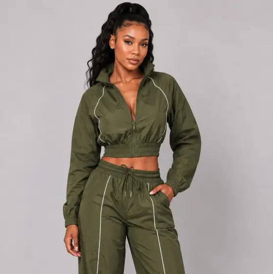 Contrast Piping Cropped Windbreaker & Wide-Leg Pants Set