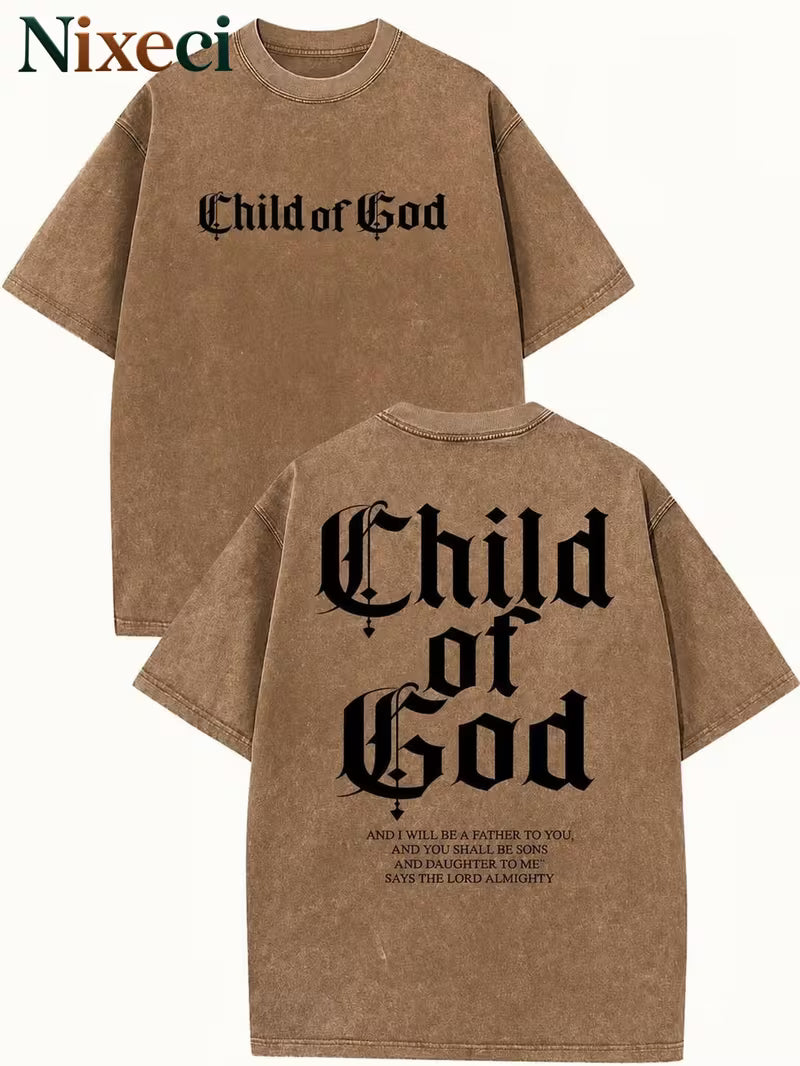 Nixeci Teen 230G Washed Cotton T-Shirt, of God Wording, of God AND I WILL BE A FATHER to YOU, AND YOU SHALL BE SONS AND, Gothic Blackletter Typography, Double-Sided Print, Daily Wear, for Thanksgiving, Christmas and Valentine's Day, for Teenager