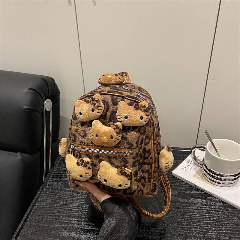 Trendy Leopard Print Plush Backpack Portable Outdoor Travel: Brown With Pendant