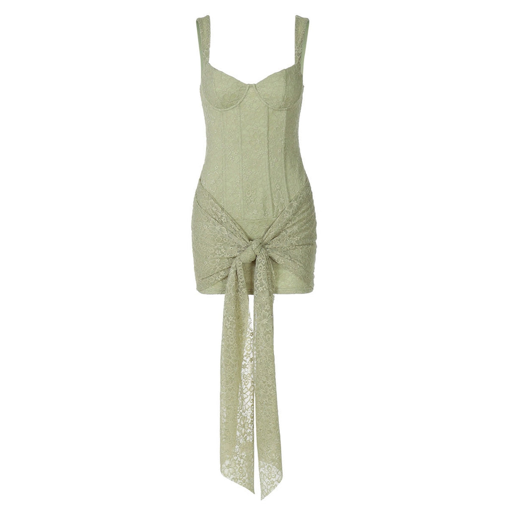 Sexy Lace V-Neck Bodycon Slit Dress with Tie Waist