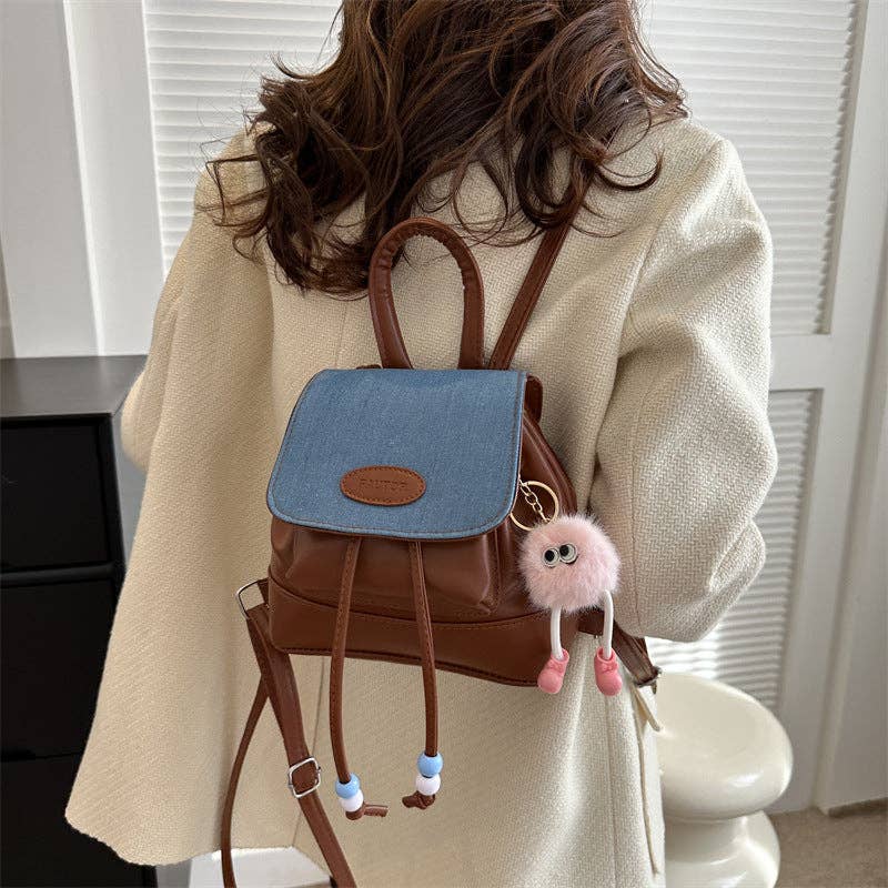 Retro Fashion Solid Color Backpack for Women Casual Travel: Brown / With Accessories